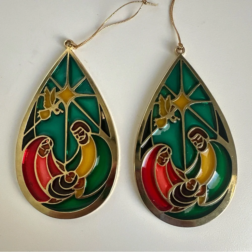 (2) Holy Family Stained Glass Window Teardrop Shape Gold Tone Xmas Ornament - Picture 1 of 15